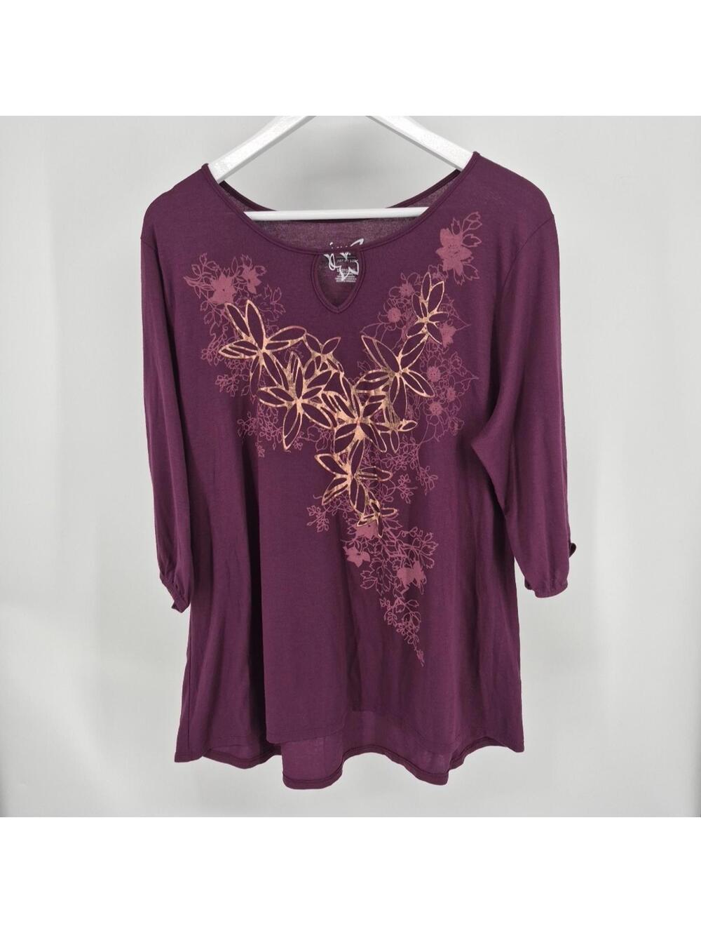 JMS Just My Size Women Top 2X Purple Shirt Floral Balloon 3/4 Sleeve Tee - Picture 2 of 14